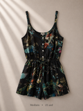 Mia black tropical botanical print button-down cami romper, size Medium