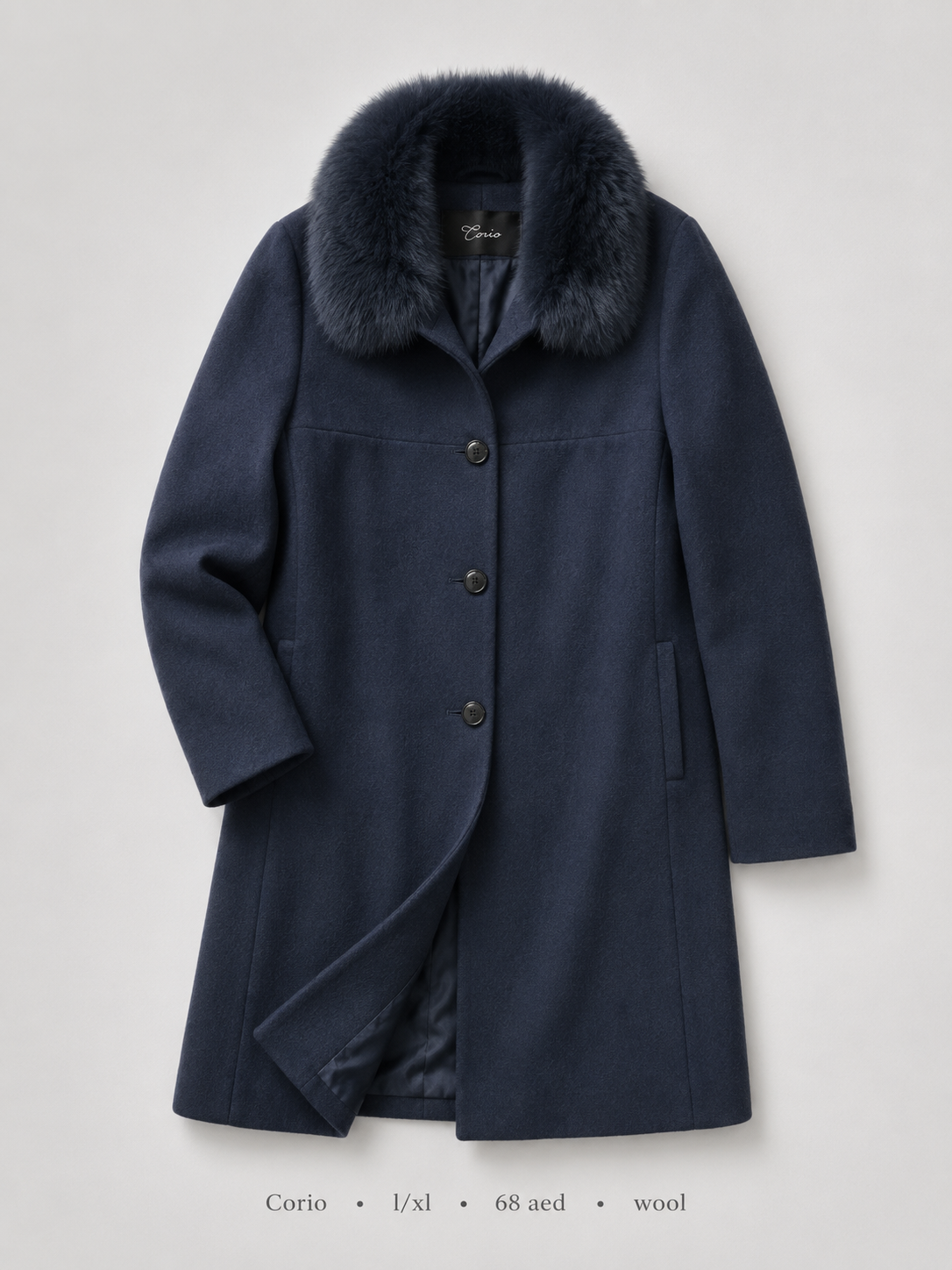 Fur Collar Wool Coat by Corio in Navy