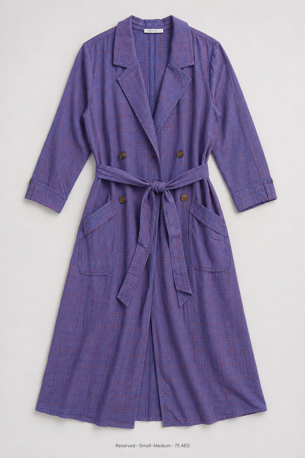 Reserved Belted Trench Coat – Purple – Small to Medium, double-breasted with gold buttons and self-tie belt
