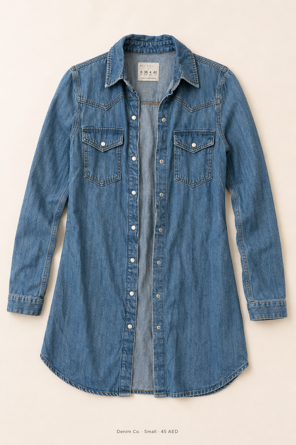 Denim Co. Longline Denim Shirt – Small, mid-wash blue western snap-button with chest pockets