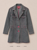 Flower Two-Button Denim Blazer – Medium, washed grey denim with hot pink buttons and pink satin lining