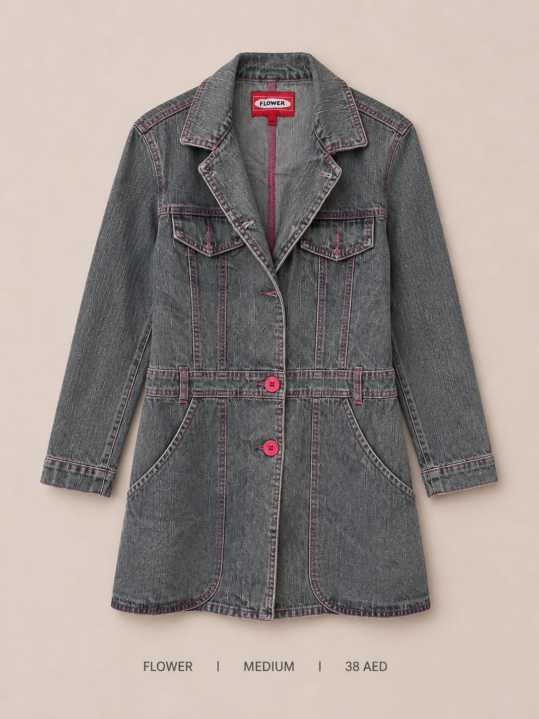 Flower Two-Button Denim Blazer – Medium, washed grey denim with hot pink buttons and pink satin lining