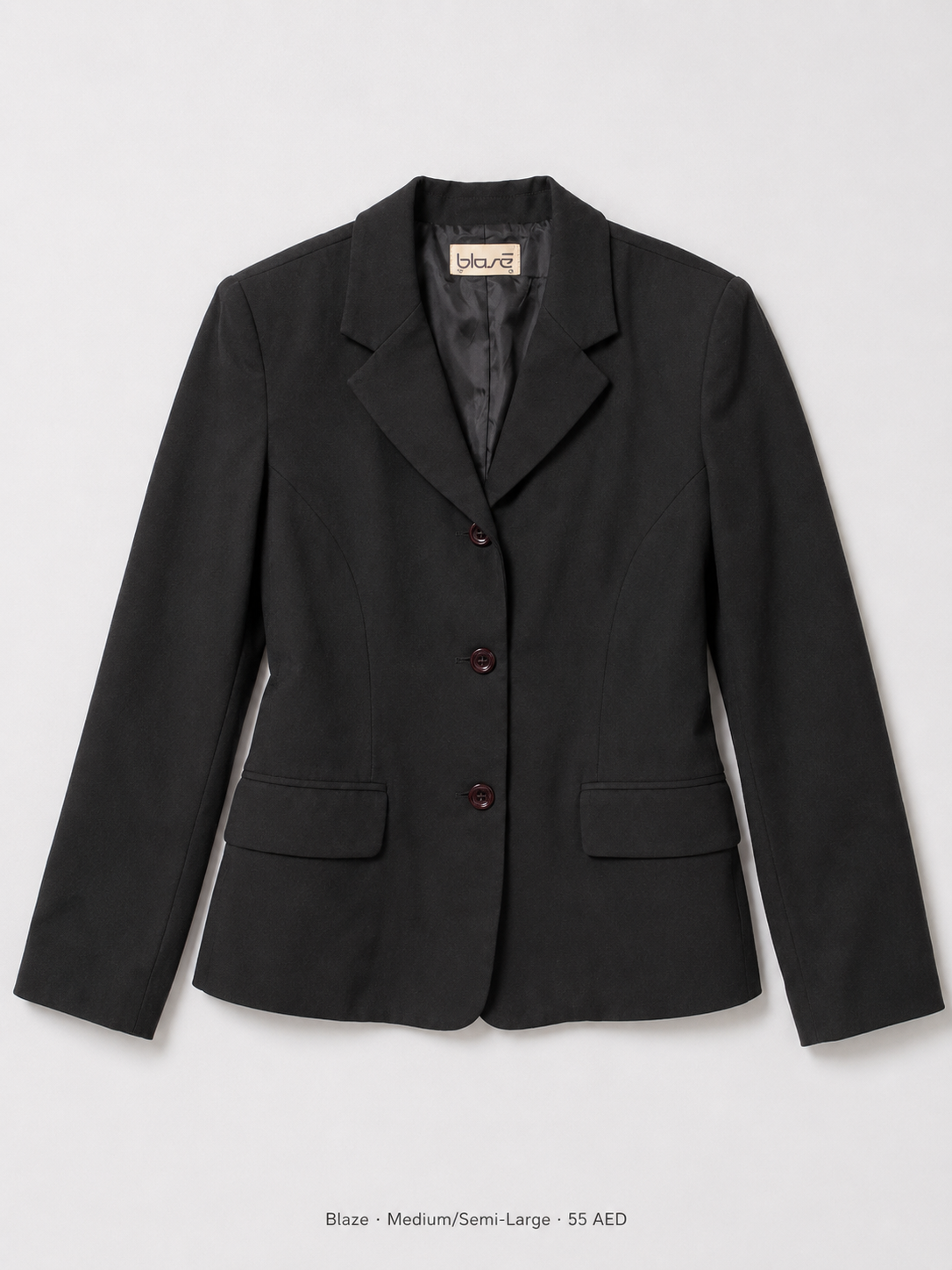 Blaze Three-Button Blazer – Medium to Semi-Large, black notched lapel with tortoiseshell buttons