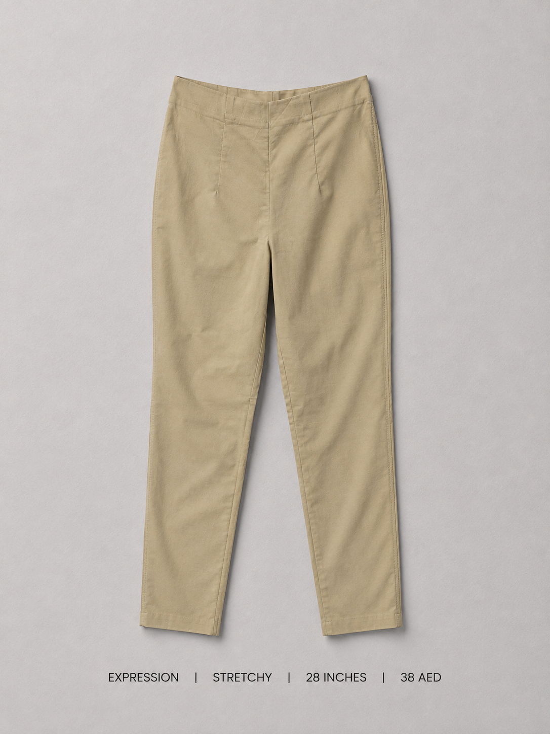 Expression Stretch Slim Trousers – 28 Inches, warm khaki with front seam detailing and tapered ankle leg