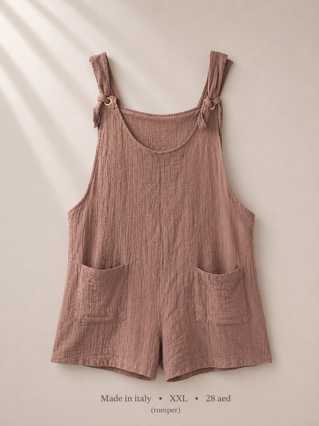 Made in Italy dusty mauve crinkle dungaree romper with gold ring straps and patch pockets, size XXL