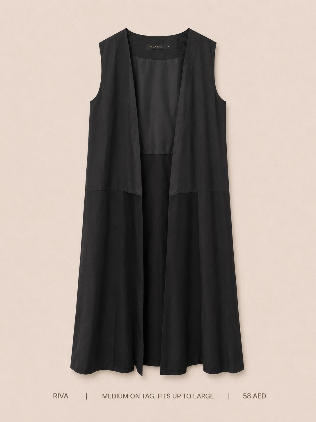 Riva Longline Open-Front Blazer Vest – Medium on Tag Fits Large, deep black with patch pockets and flowy A-line silhouette