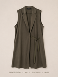 Defaclo Studio Belted Longline Blazer Vest – XXL Olive Green, wide notched lapel with self-tie belt and A-line silhouette