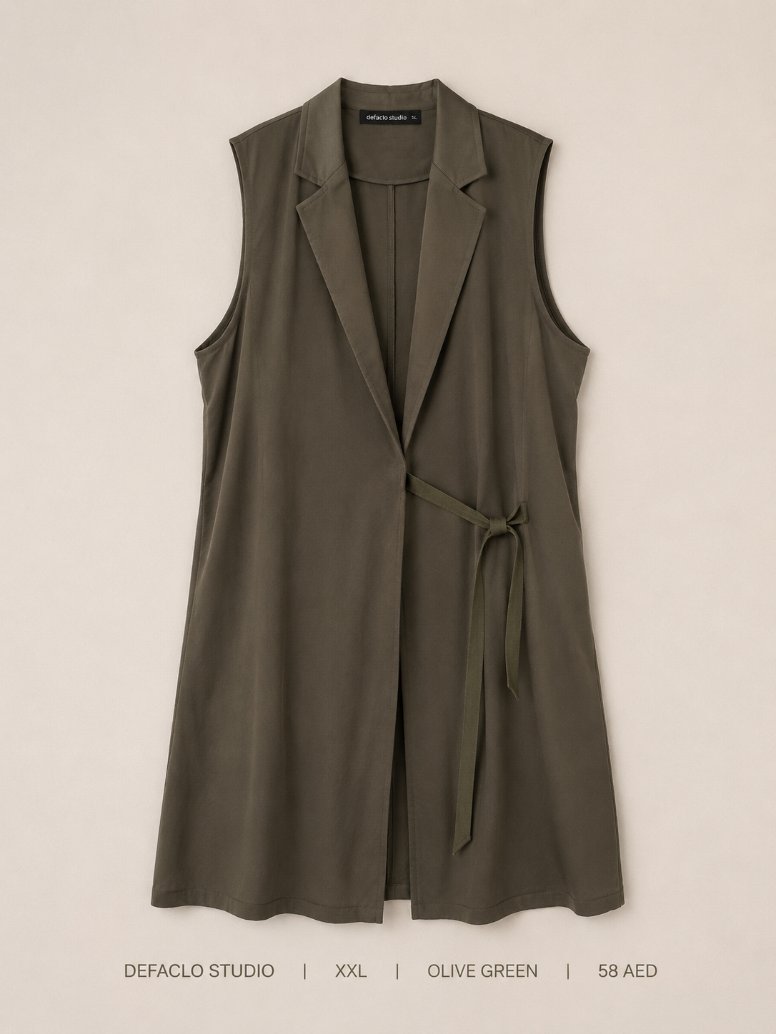 Defaclo Studio Belted Longline Blazer Vest – XXL Olive Green, wide notched lapel with self-tie belt and A-line silhouette