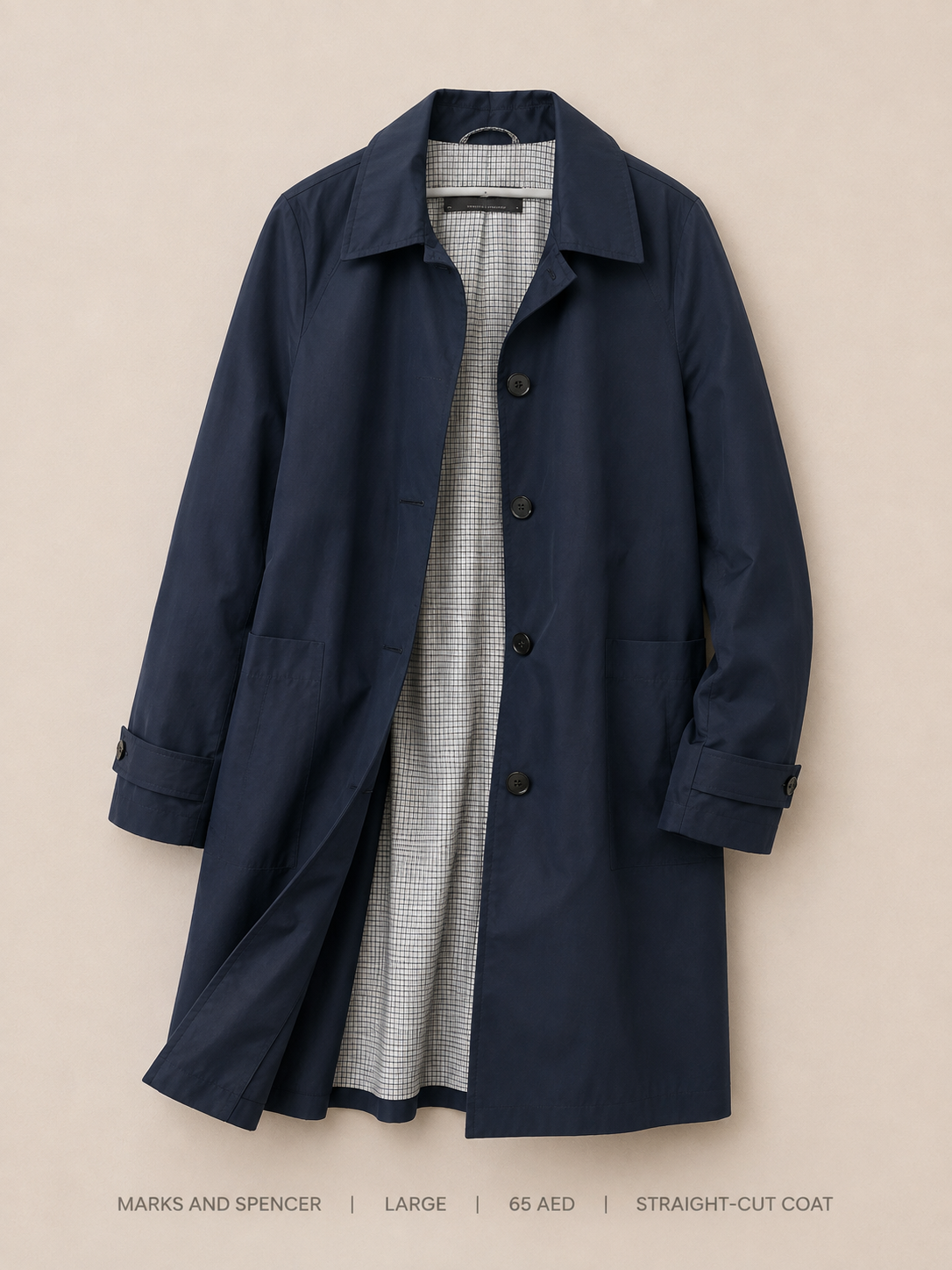 Marks & Spencer Straight-Cut Overcoat – Large, deep navy with four-button front and micro-check lining