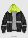 Hi-Vis Hooded Windbreaker – Small to Medium, black with neon yellow hood and silver reflective tape