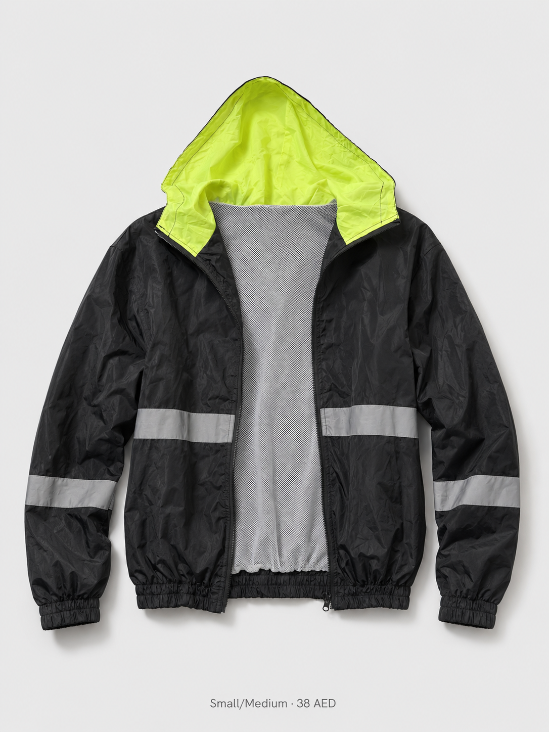 Hi-Vis Hooded Windbreaker – Small to Medium, black with neon yellow hood and silver reflective tape