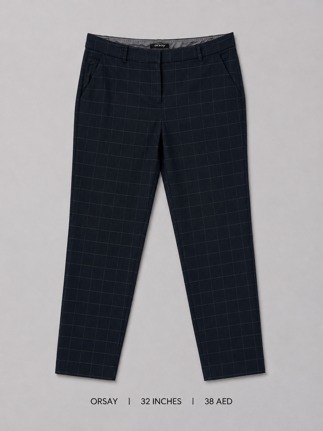 Orsay Check Tailored Trousers – 32 Inches, deep navy windowpane check with tapered cropped leg