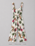 Tropical Print Ruffle Strap Tie-Front Wide-Leg Jumpsuit — Front