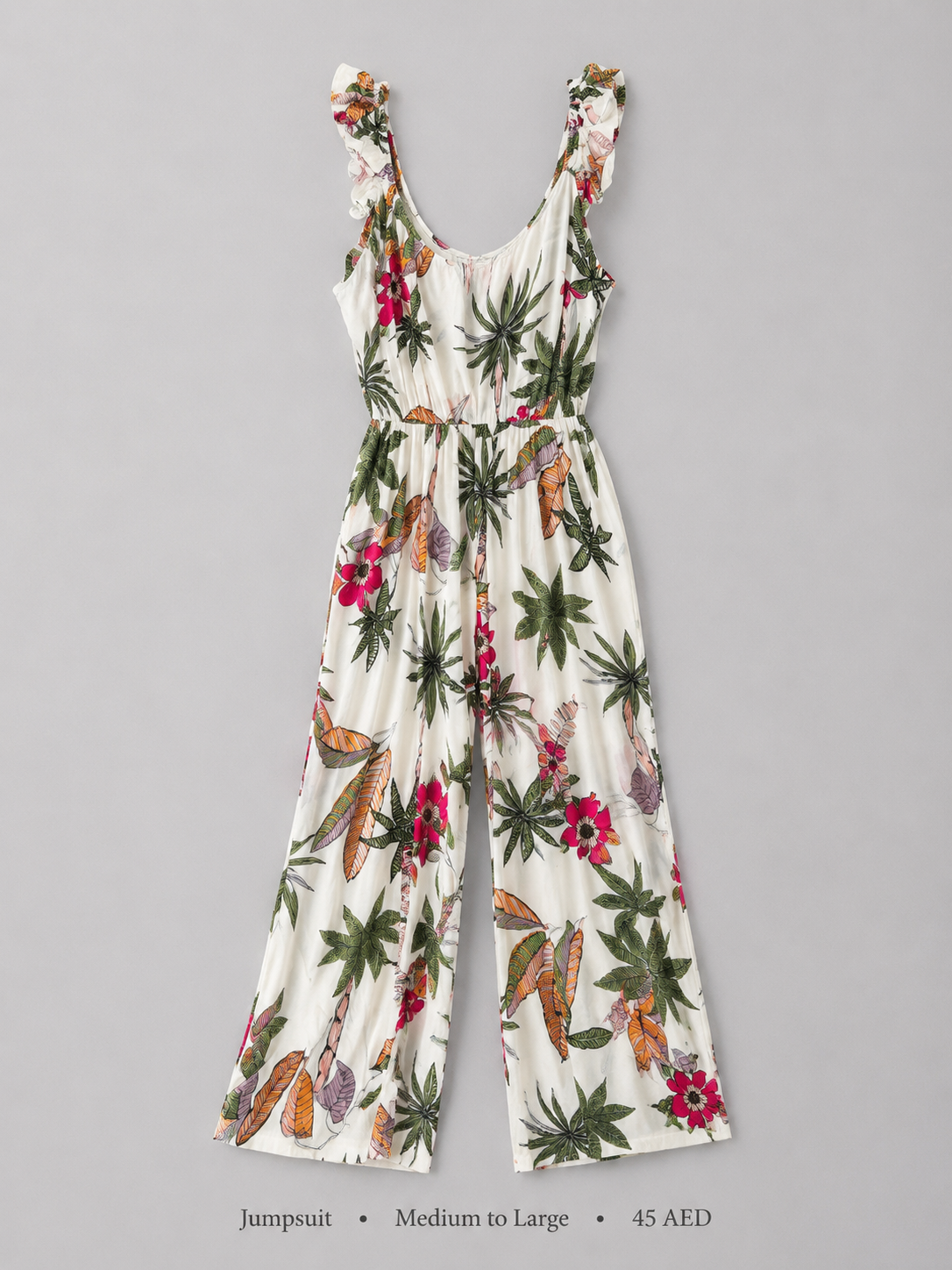 Tropical Print Ruffle Strap Tie-Front Wide-Leg Jumpsuit — Front