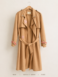 Maje Embroidered Belted Trench Coat – Size 36, warm camel with floral embroidery and woven trim cuffs