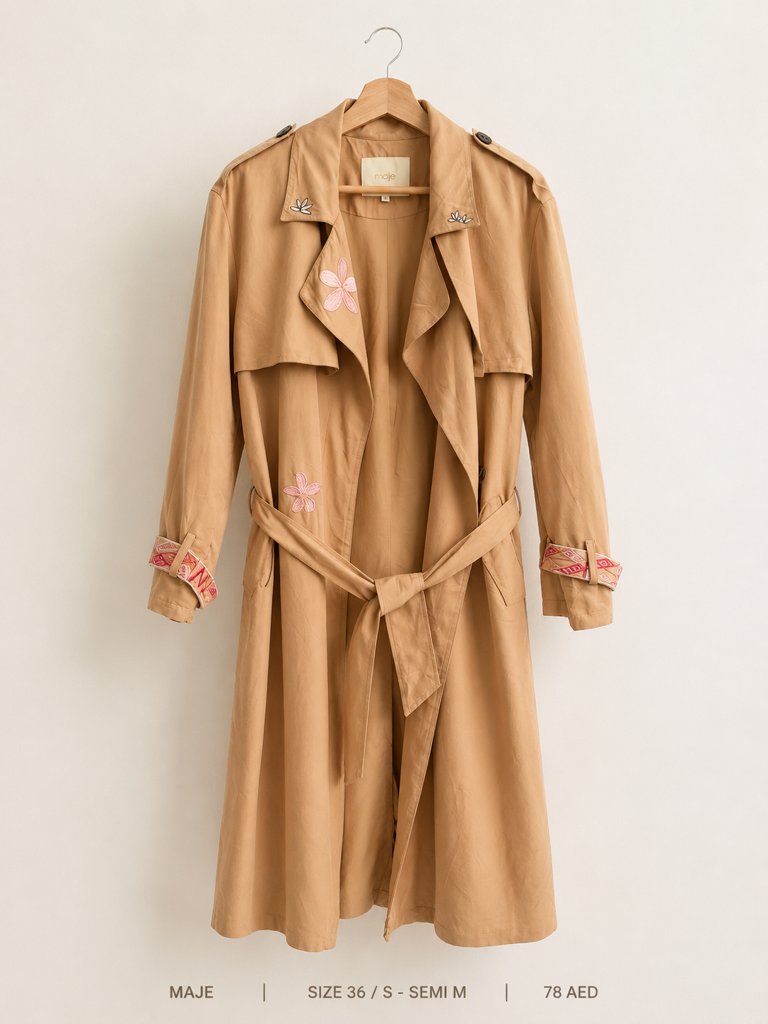 Maje Embroidered Belted Trench Coat – Size 36, warm camel with floral embroidery and woven trim cuffs
