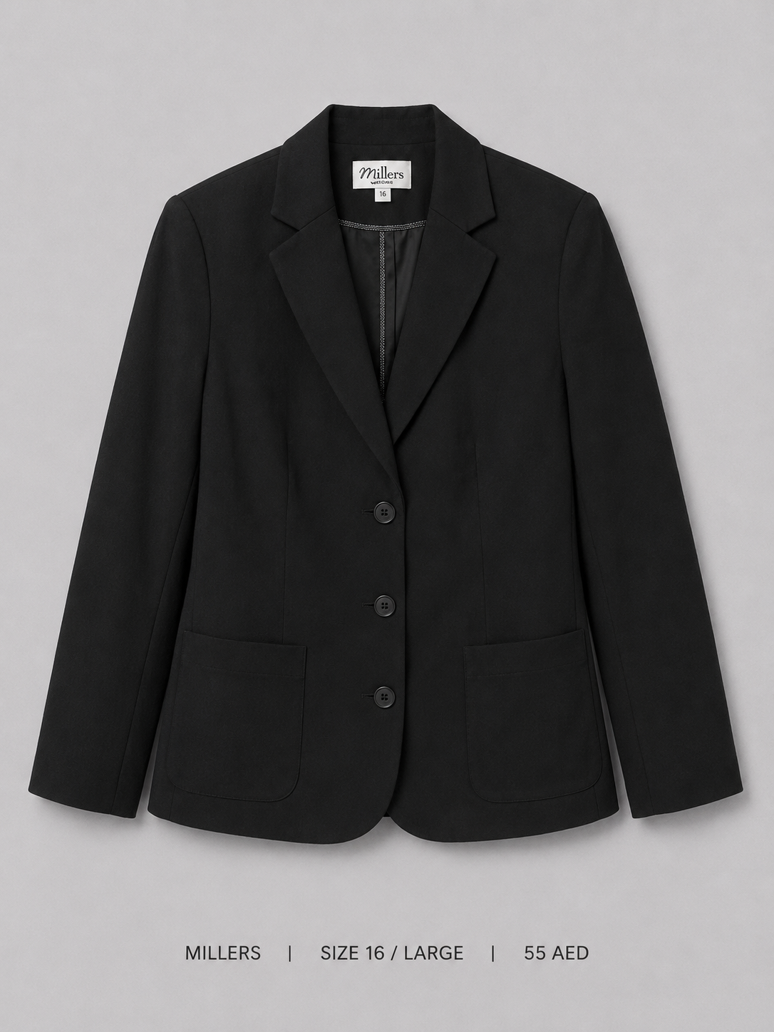 Millers Three-Button Blazer – Size 16 Large, black wide notched lapel with flap pockets