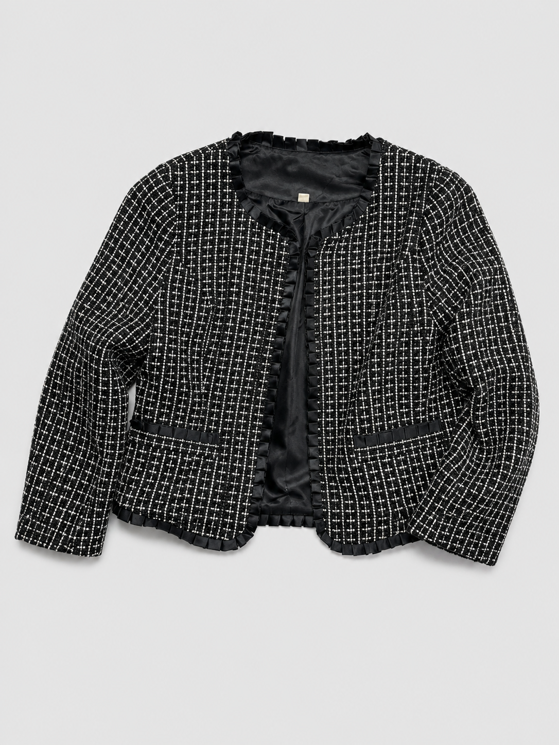 Tweed Collarless Jacket Black White Small