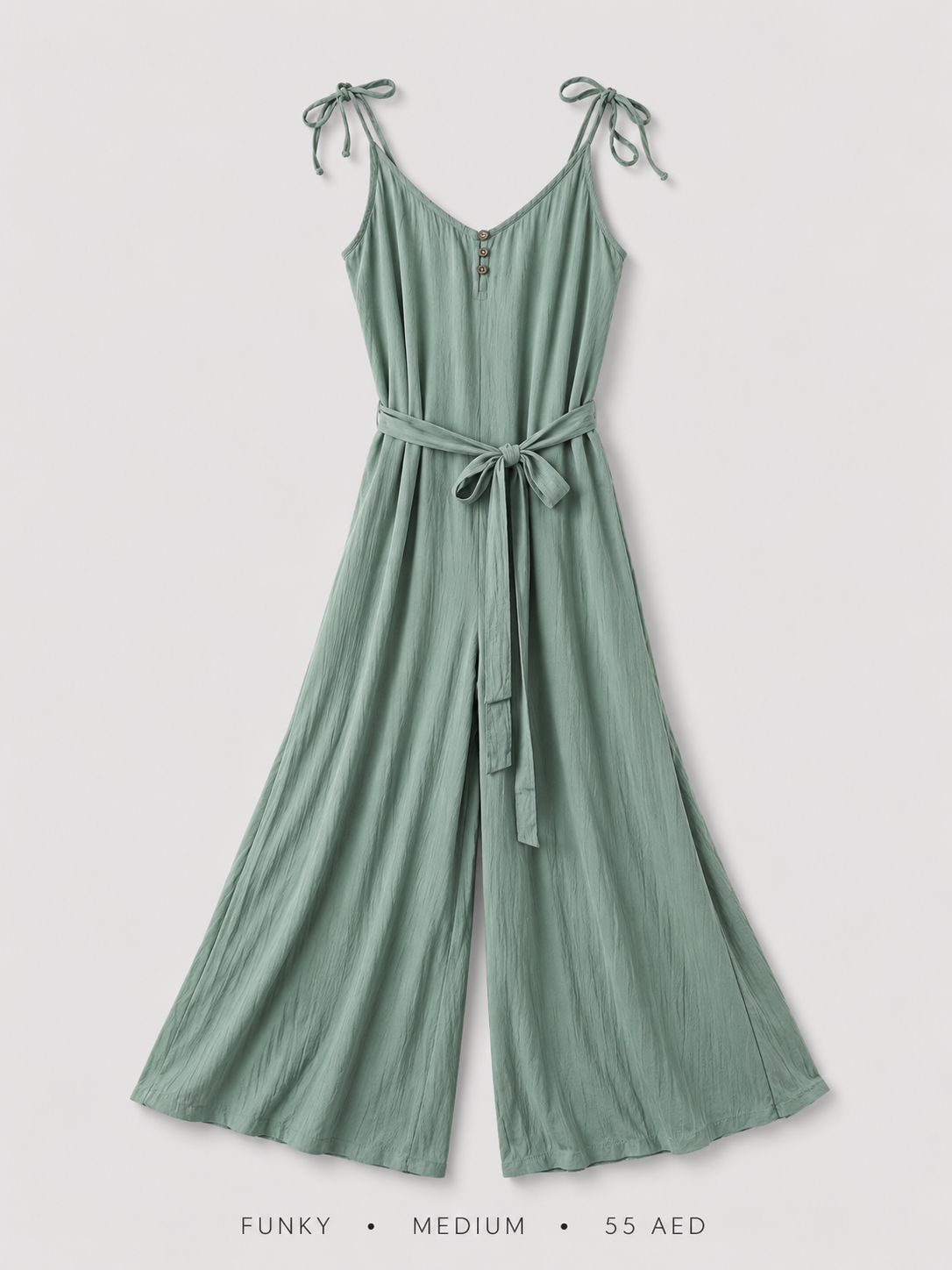 Tie-Shoulder Belted Wide-Leg Jumpsuit by Funky in Sage Green