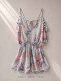 Floral ruffle romper in pink, blue and lavender tones, size Large/XL