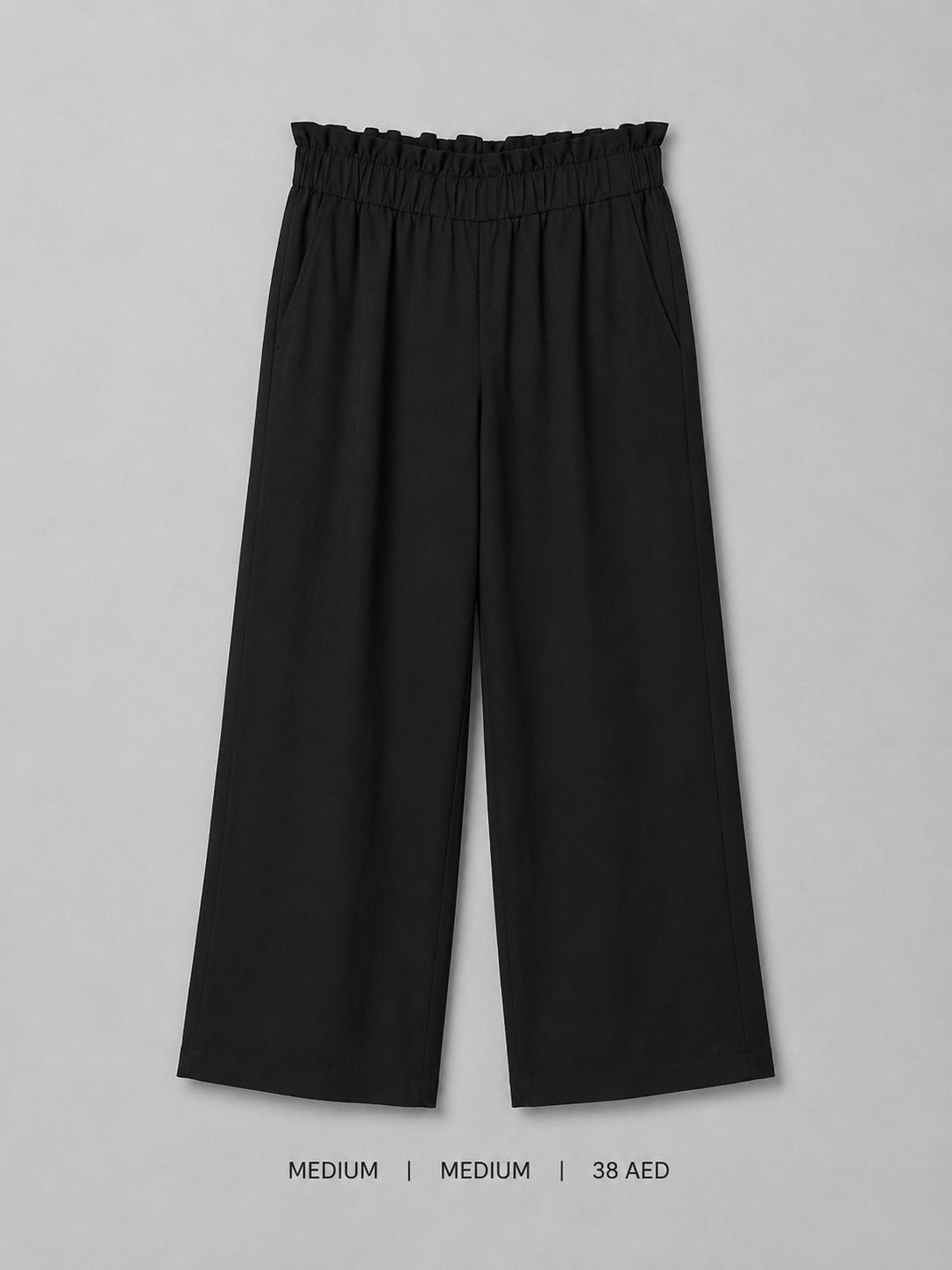 Black Wide Leg Paperbag Trousers – Medium, high ruffled elasticated waist with full-length wide leg