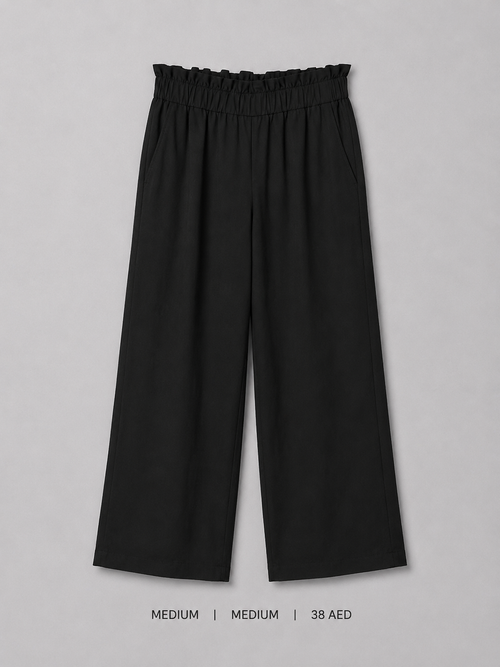 Black Wide Leg Paperbag Trousers – Medium, high ruffled elasticated waist with full-length wide leg