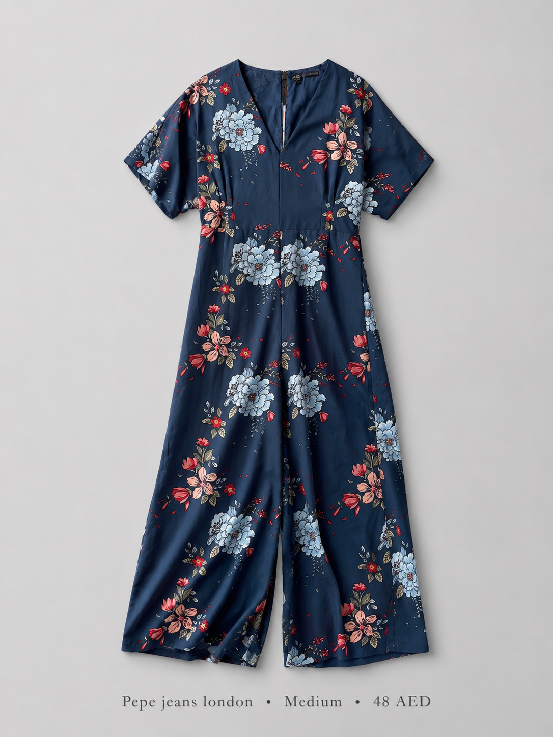 Floral Print Short-Sleeve Wide-Leg Jumpsuit by Pepe Jeans London in Navy