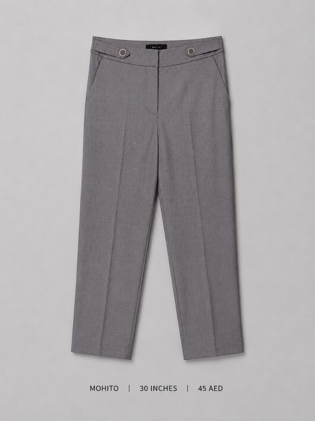Mohito Ring-Tab Tailored Trousers – 30 Inches, mid-grey with silver ring-tab waistband and tapered leg