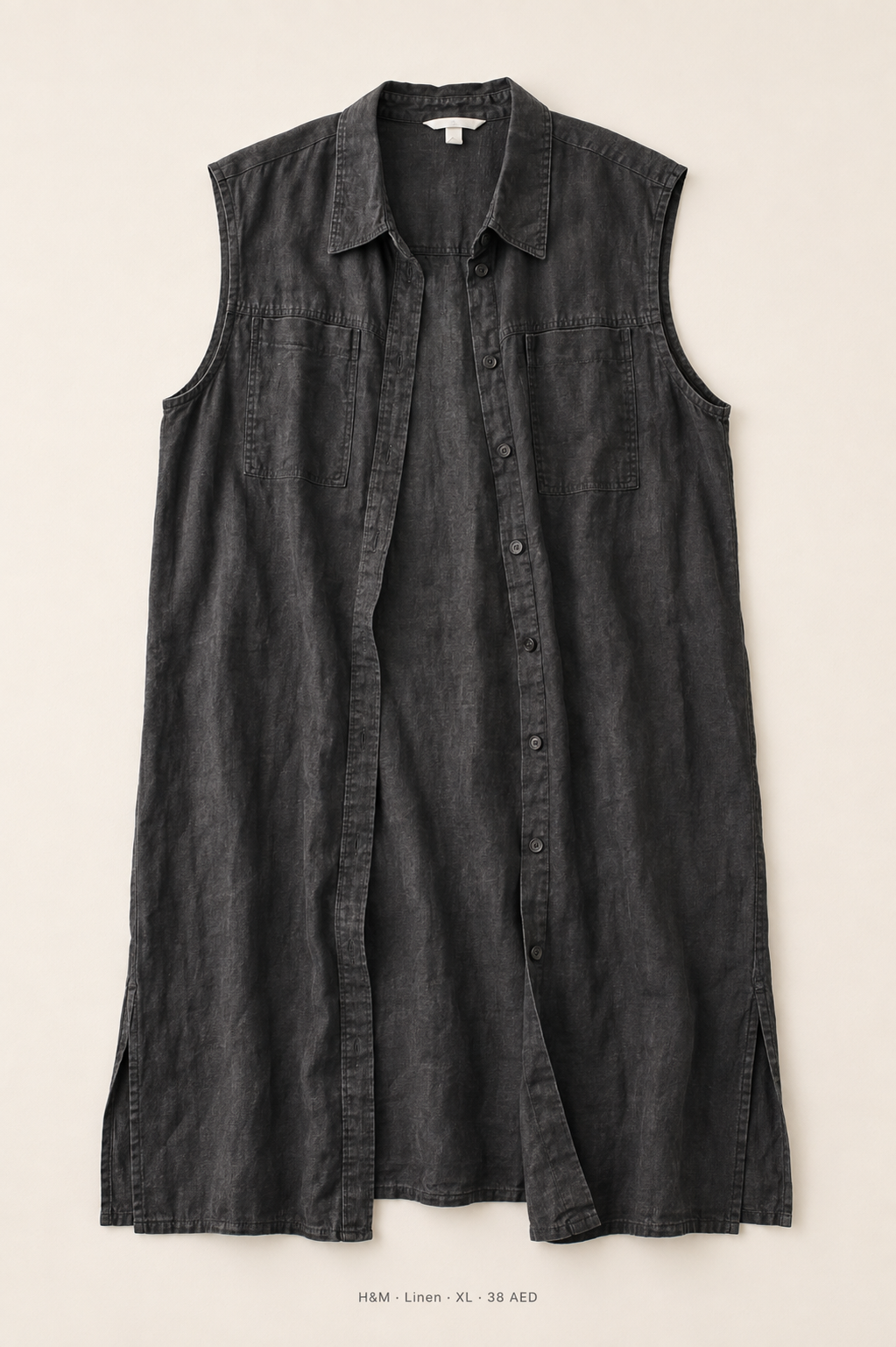H&M Linen Shirt Dress – XL, sleeveless washed charcoal button-down with side slits