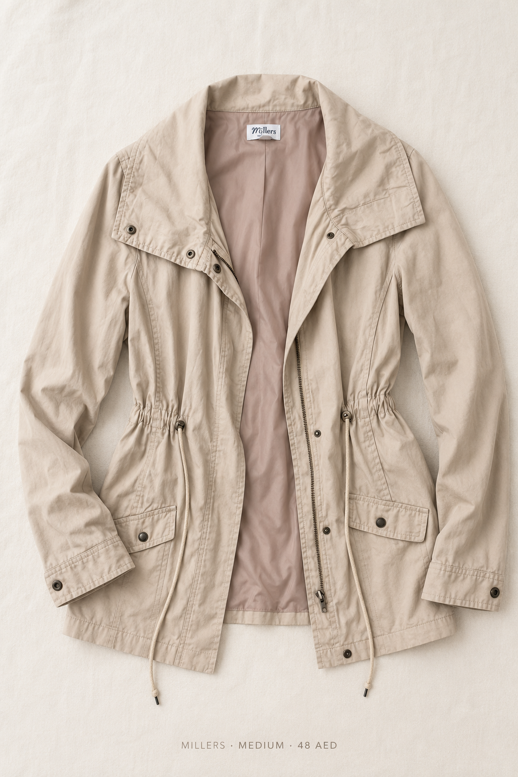 Millers Utility Jacket – Medium, stone beige with drawstring waist and flap pockets