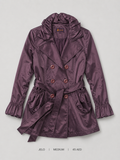 Jelo Ruffled Double-Breasted Trench Jacket – Medium, rich plum satin with ruffled collar and self-tie belt