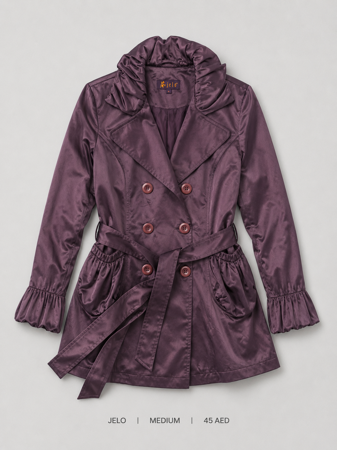 Jelo Ruffled Double-Breasted Trench Jacket – Medium, rich plum satin with ruffled collar and self-tie belt