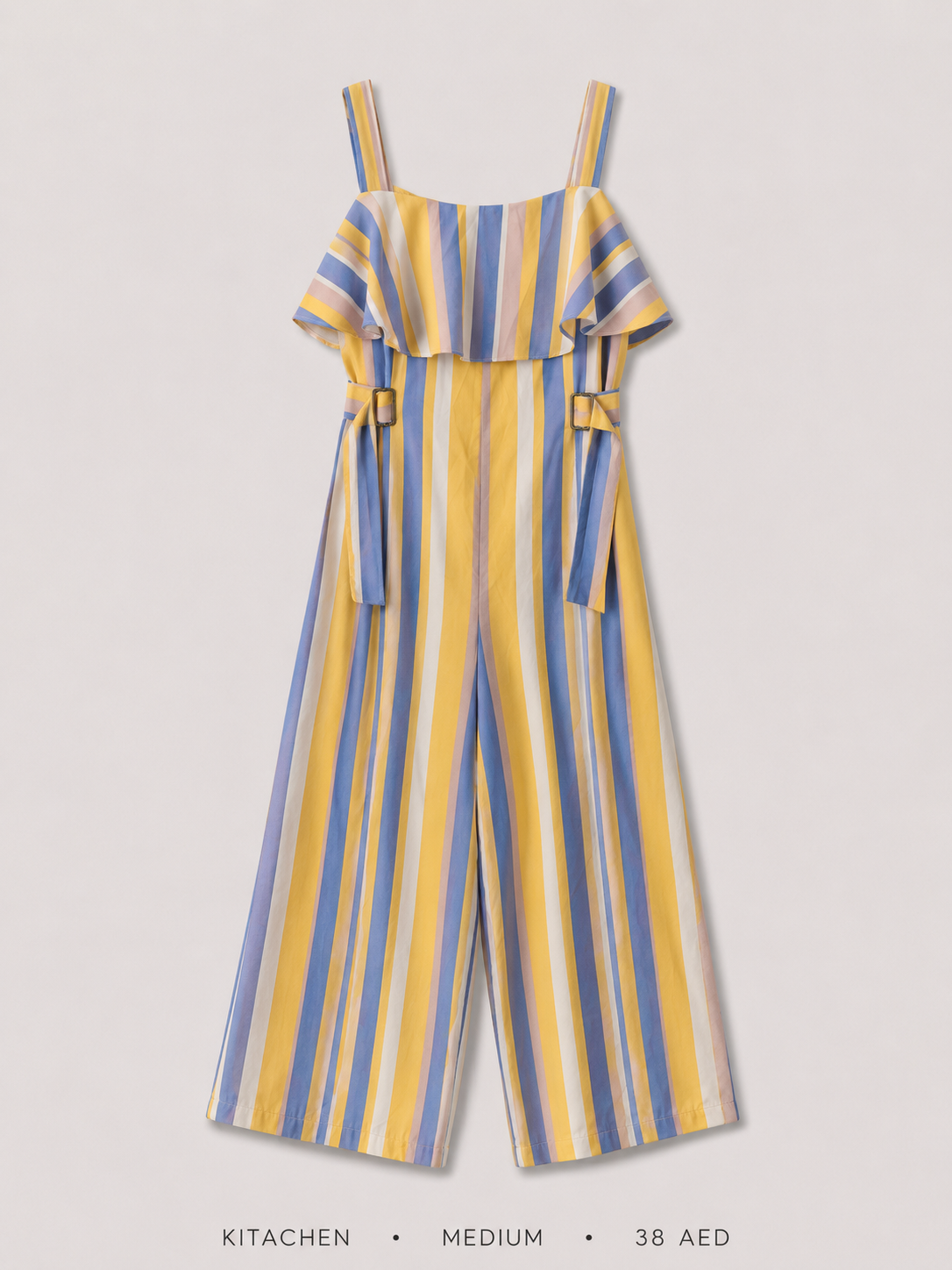 Striped Ruffle Wide-Leg Jumpsuit by Kitachen in Yellow Blue and Pink