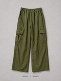 Wide Leg Cargo Pants – Olive Green – Small, elasticated waist with D-ring flap cargo pockets