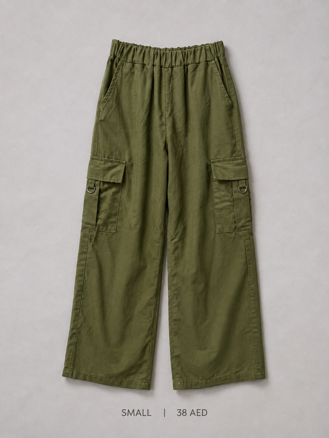Wide Leg Cargo Pants – Olive Green – Small, elasticated waist with D-ring flap cargo pockets