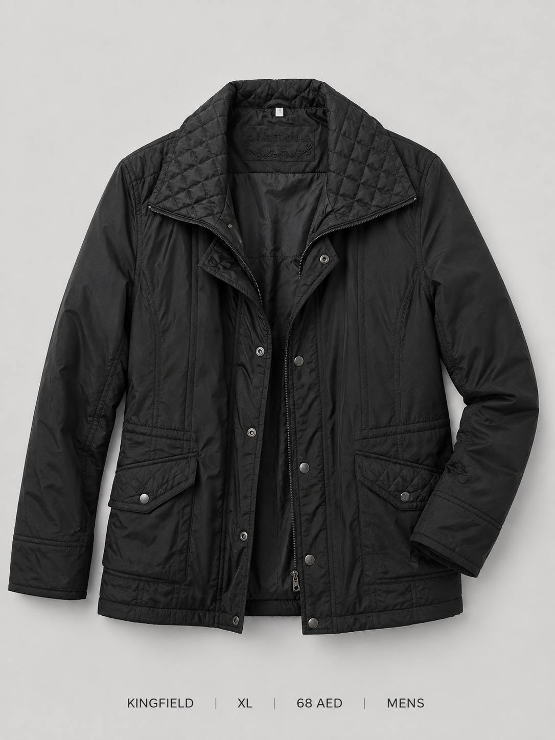 Kingfield Quilted Collar Field Jacket – XL, deep black with diamond quilted collar and flap pockets