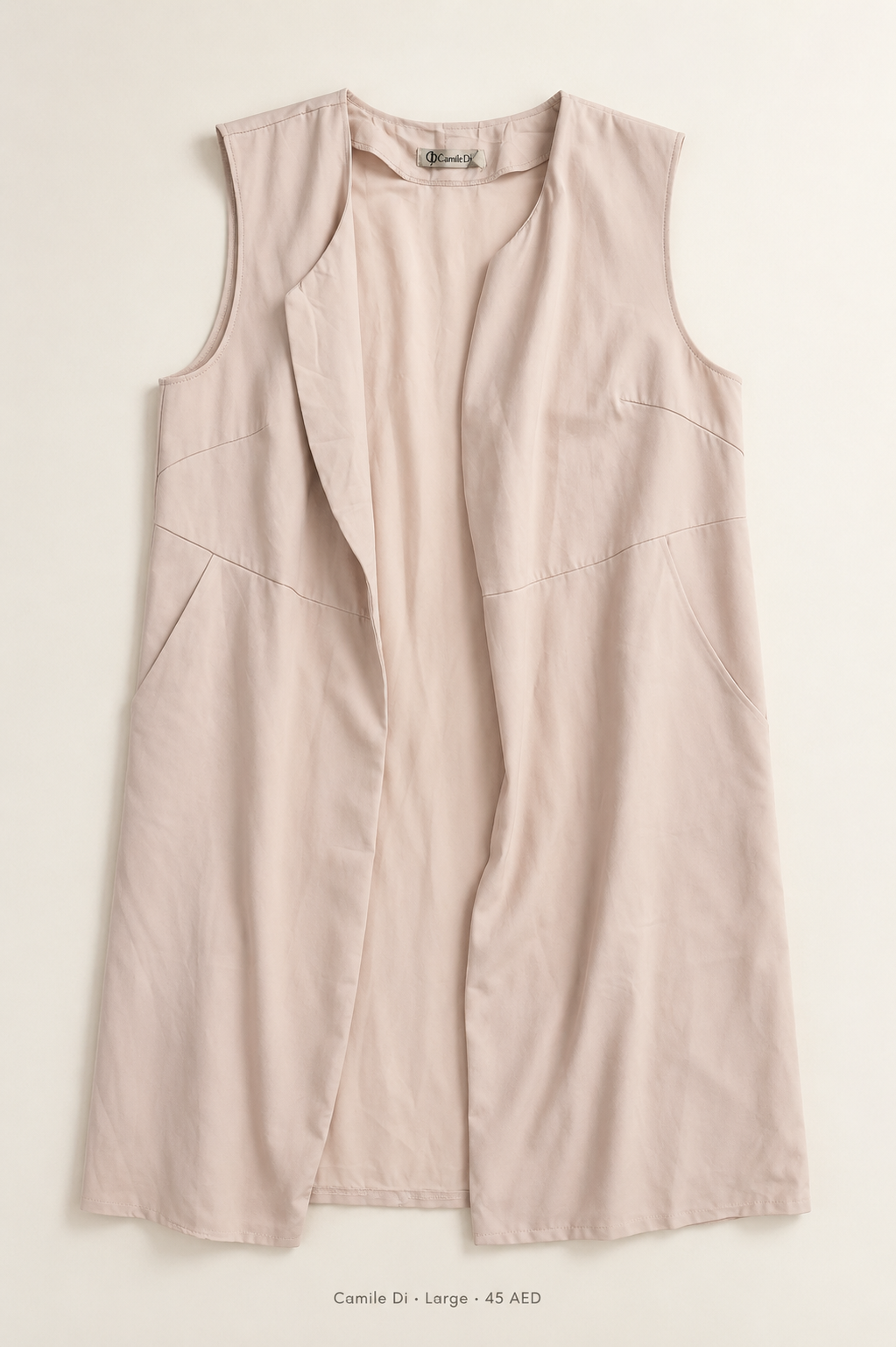 Camile Di Longline Vest – Blush – Large, sleeveless open-front with diagonal seam detailing