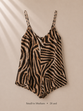 Zebra print satin cami romper in black, camel and ivory, size Small to Medium