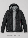 Decathlon Kipsta Hooded Puffer Jacket – Small, black channel-quilted with grey-lined hood and pink zip pulls