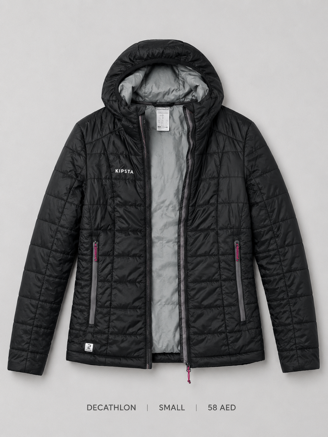 Decathlon Kipsta Hooded Puffer Jacket – Small, black channel-quilted with grey-lined hood and pink zip pulls
