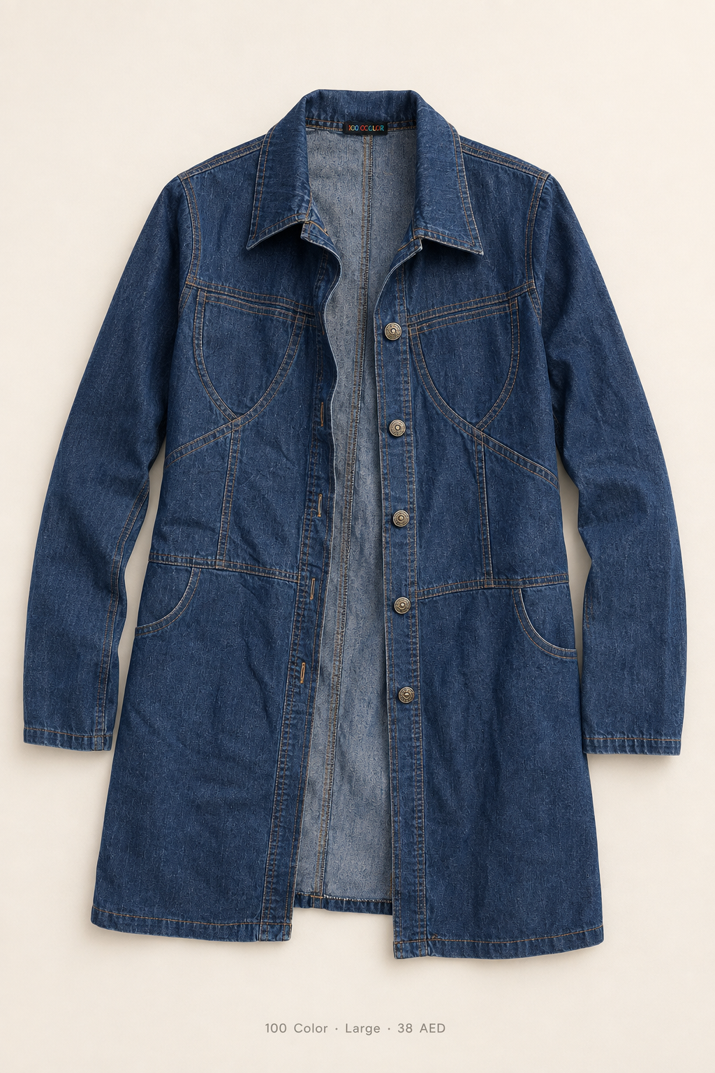 100 Color Denim Longline Jacket – Large, dark wash open-front with gold buttons and hip pockets