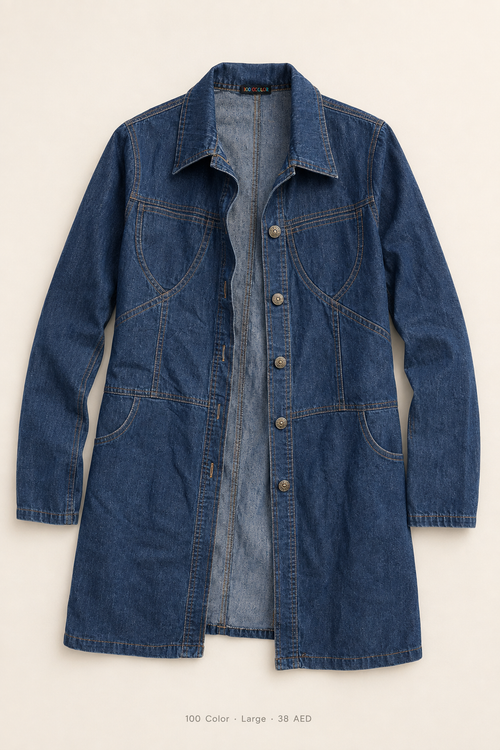 100 Color Denim Longline Jacket – Large, dark wash open-front with gold buttons and hip pockets