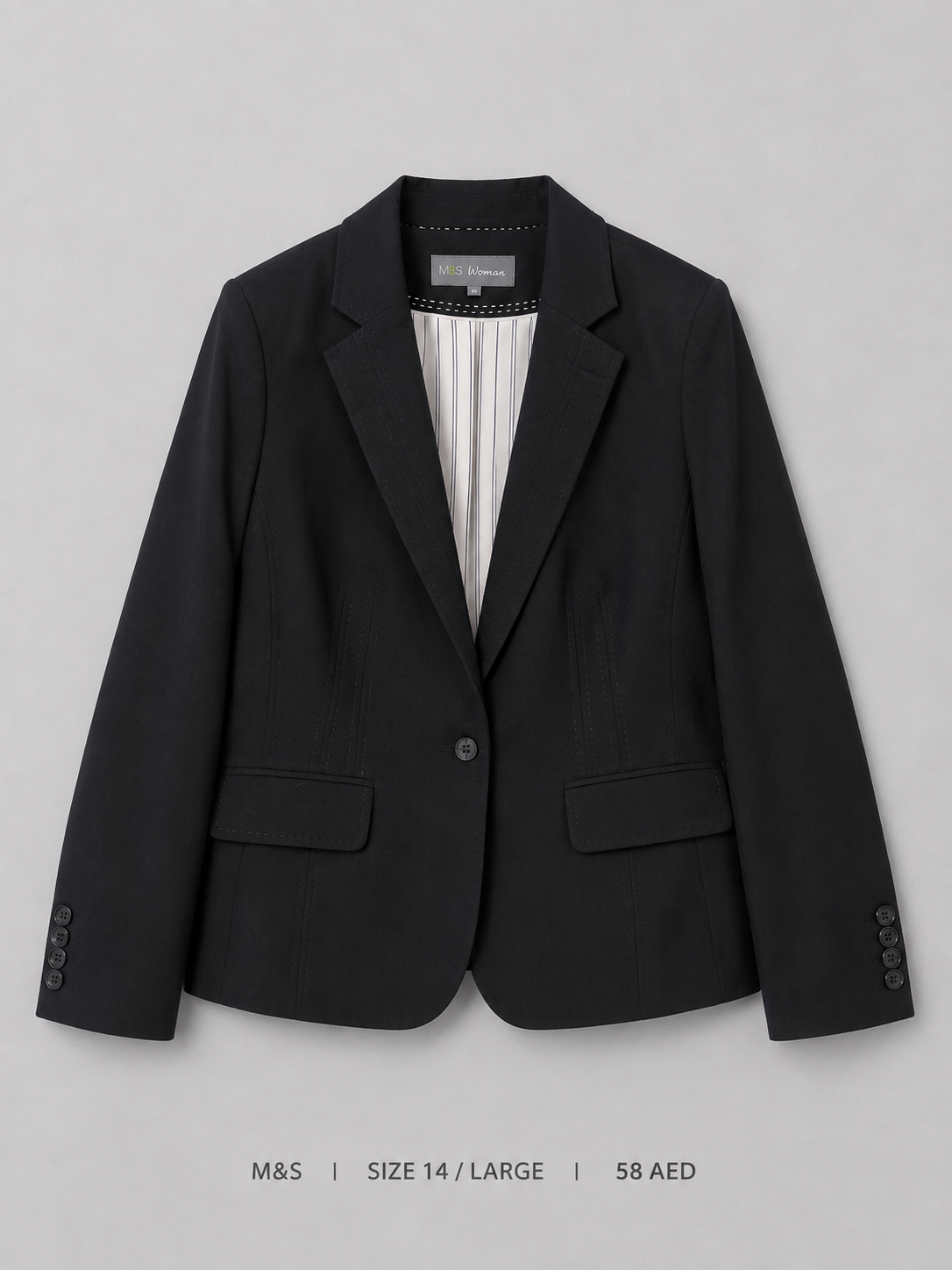 M&S Woman Single Button Blazer – Size 14 Large, black notched lapel with flap pockets and pinstripe lining