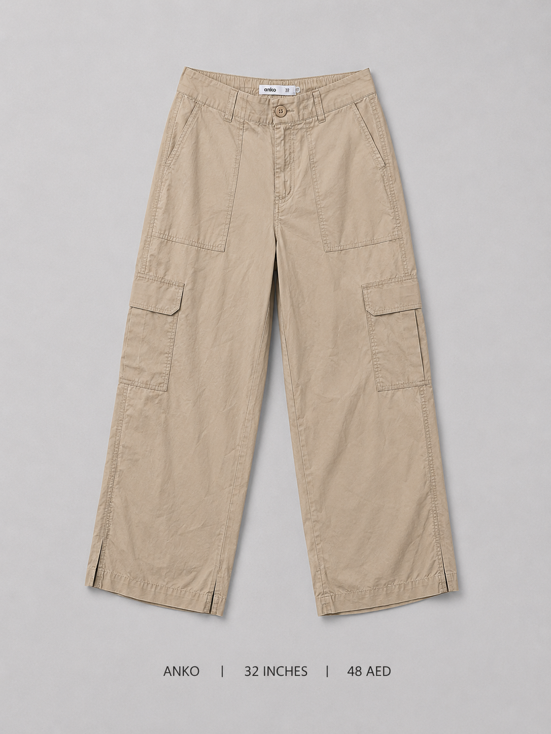 Anko Wide Leg Cargo Pants – 32 Inches, warm khaki with patch and flap cargo pockets and side slits