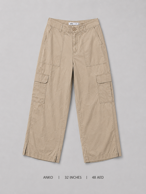 Anko Wide Leg Cargo Pants – 32 Inches, warm khaki with patch and flap cargo pockets and side slits