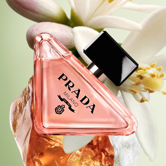 Prada Milano perfume bottle with white flowers