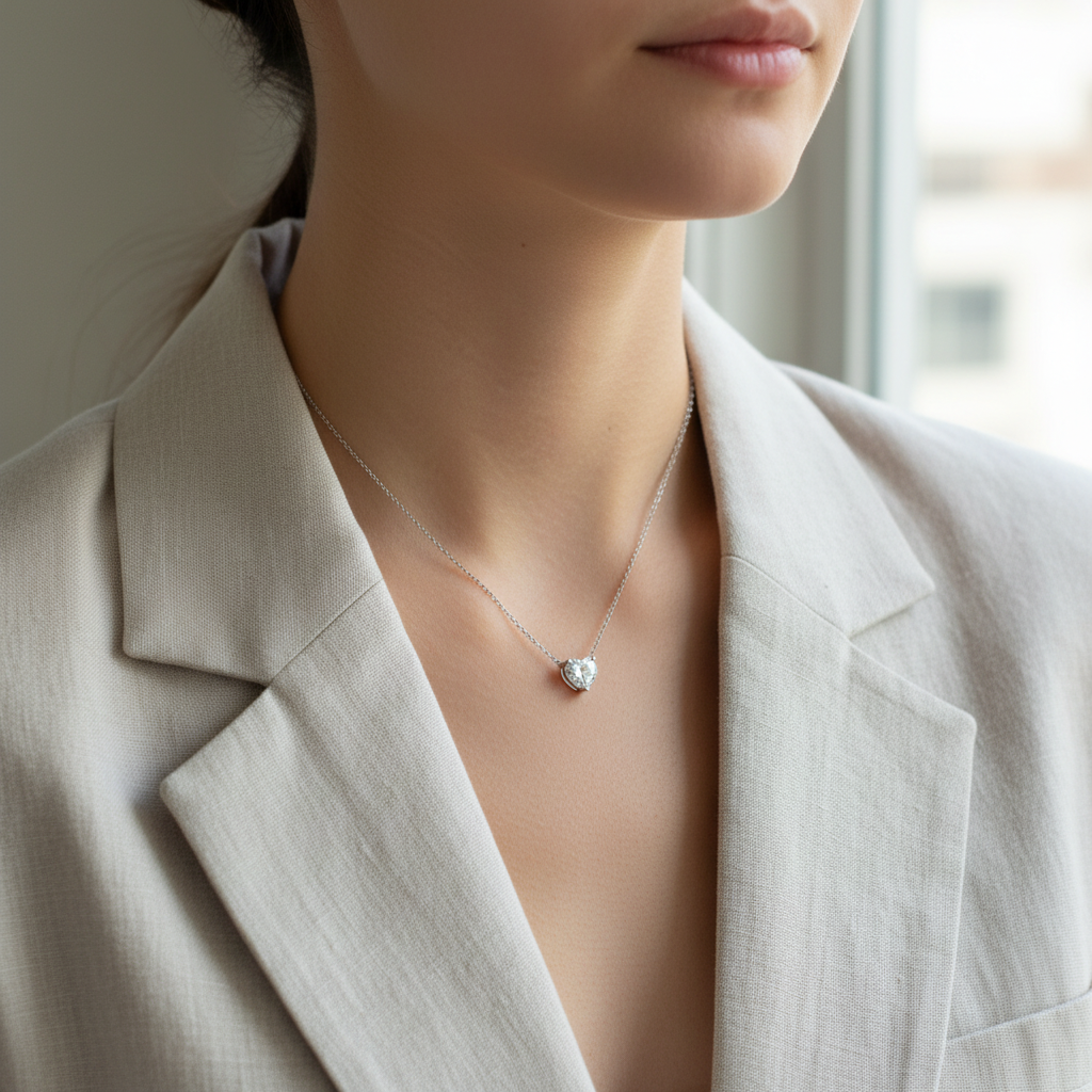 Love Heart Pendant - Linen Blazer Worn Shot
